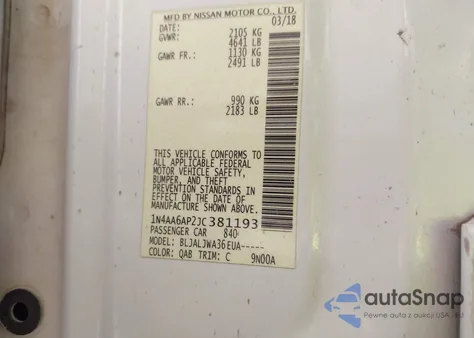 2018 Nissan Maxima 3.5 Sv z USA, uszkodzony, nr VIN 1N4AA6AP2JC381193